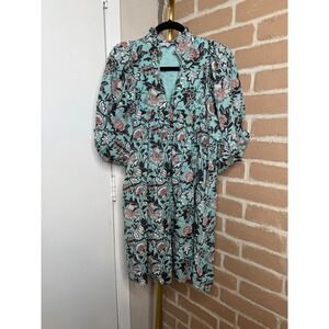 NEVER A WALLFLOWER Floral Print Ruffle Neck Mini Dress Teal Pink XS
